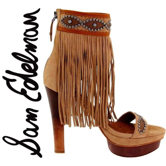 💥SHOWSTOPPER💥Genuine Suede Fringed Studded Platform Sandal in Light Brown